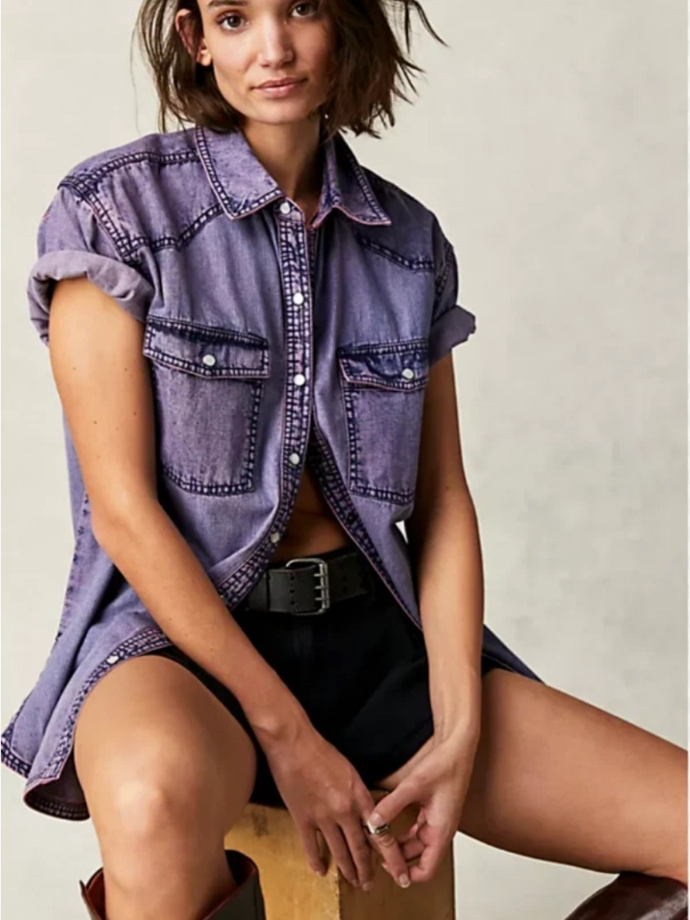 We The Free NWT❗️The Short of It denim shirt with orchid trim - Picture 8 of 9